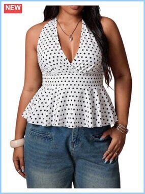 Plus Size Backless Halter Peplum Tank Top Sleeveless Ruffle Hem